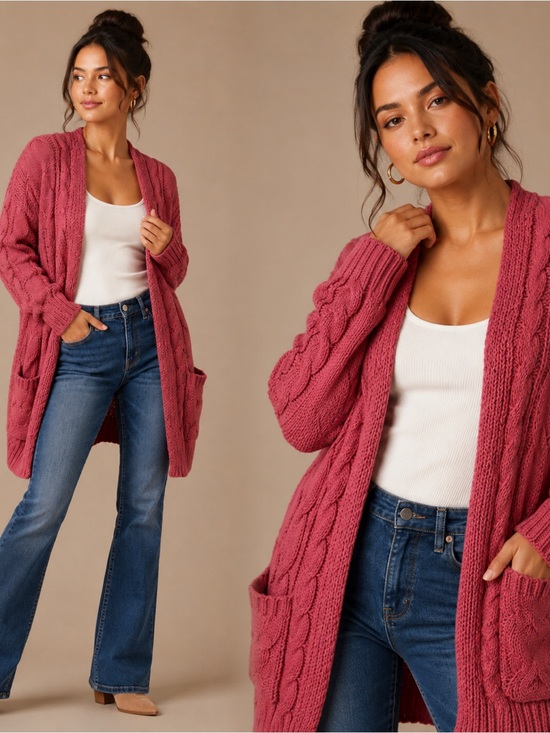 Sweaters - Cozy Soft Rose Pink Cable Knit Chenille Cardigan